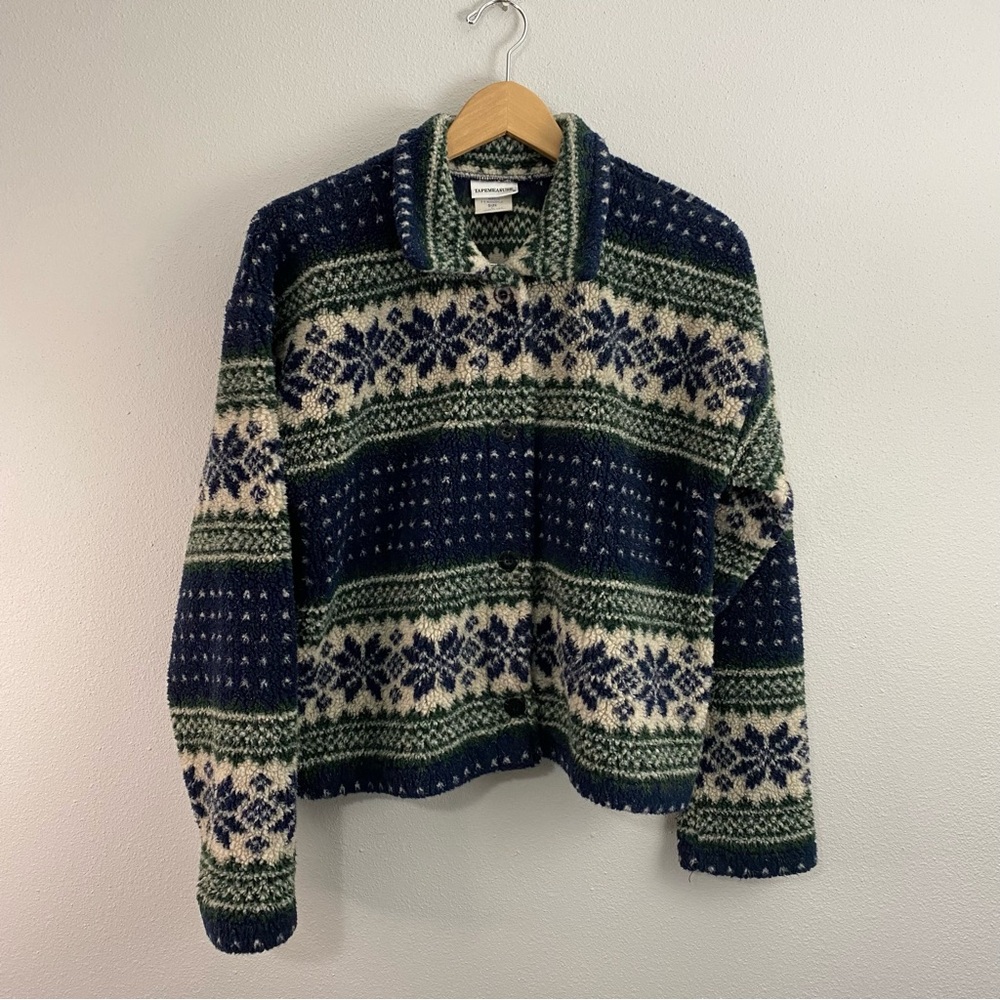 TapeMeasure Vintage Nordic Snowflake Button Up Sweater Cardigan Sz L Made in USA